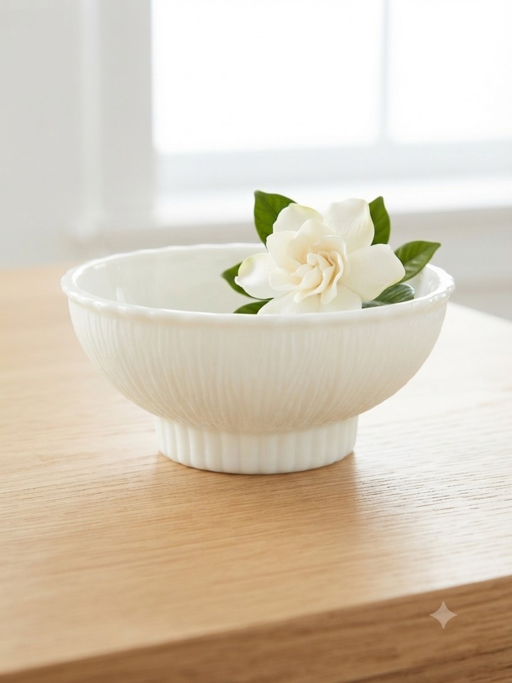 Vintage 1975 FTD Milk Glass Bowl, Ribbed Tree Bark Pattern, 7" Footed Planter